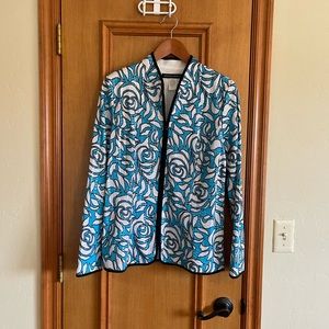 aDressing Woman Floral Design Shimmer Zip Front Jacket. Womens Size L